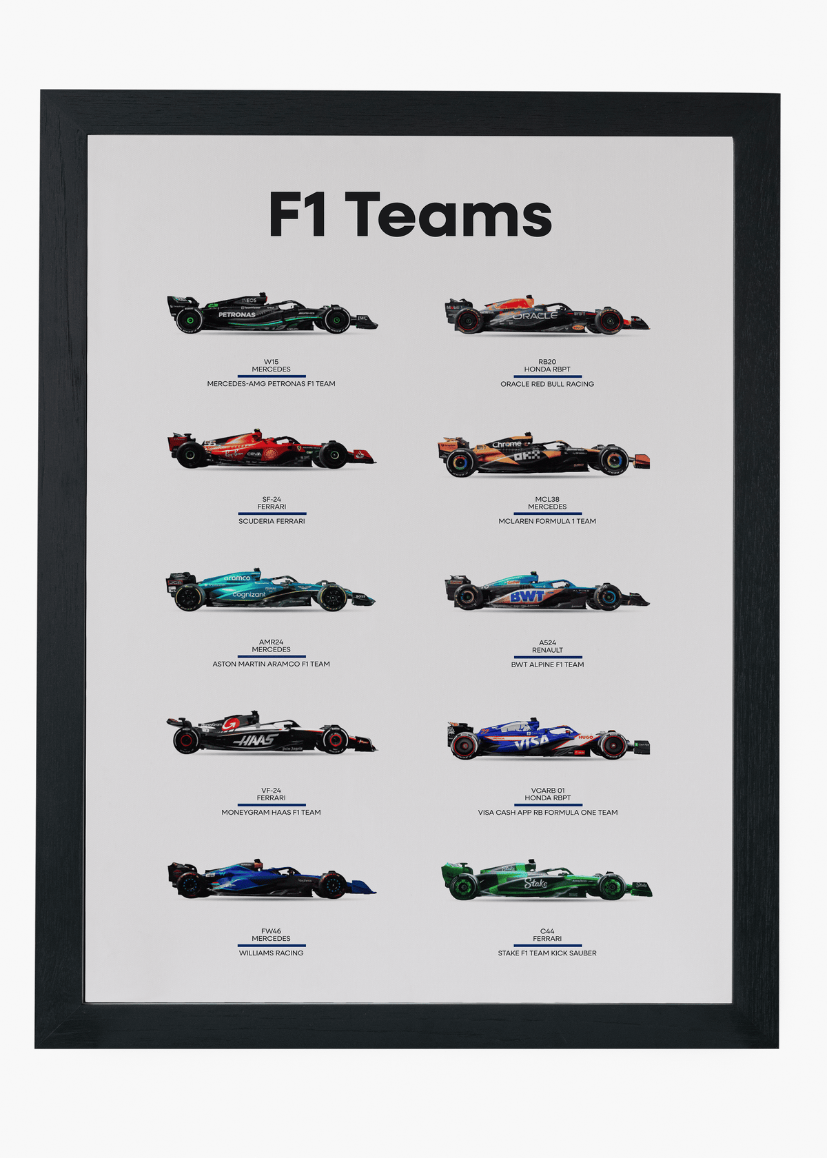 Quadro decorativo F1 Teams 2024 — arte de automobilismo para parede | Cübe Quadros
