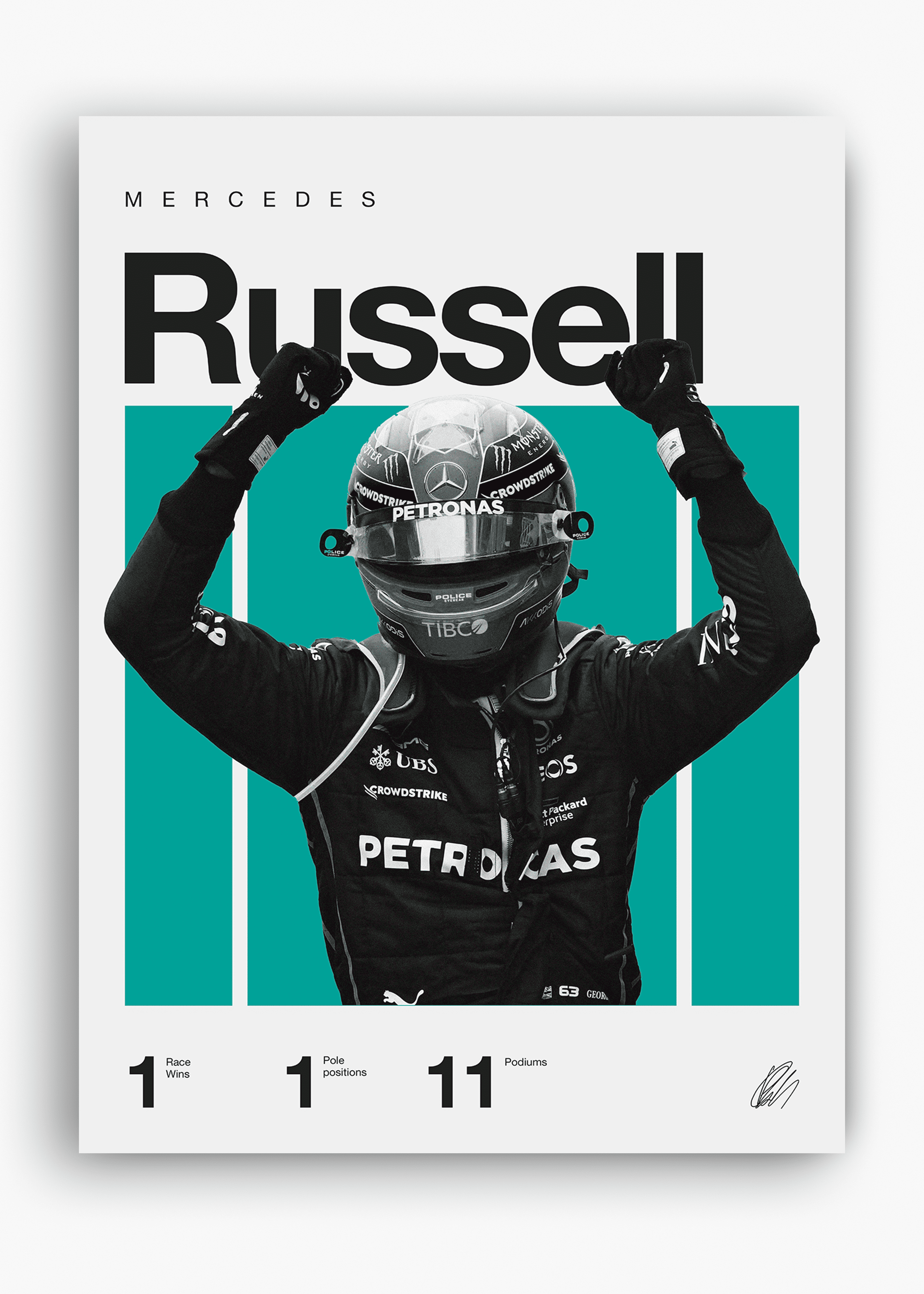 Quadro decorativo George Russell F1 — arte de automobilismo para parede | Cübe Quadros