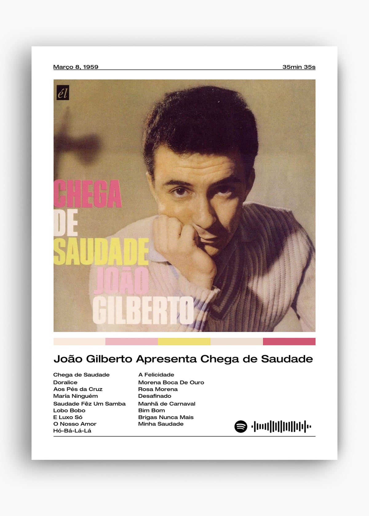 Quadro decorativo João Gilberto Chega de Saudade — arte de bossa nova para parede | Cübe Quadros