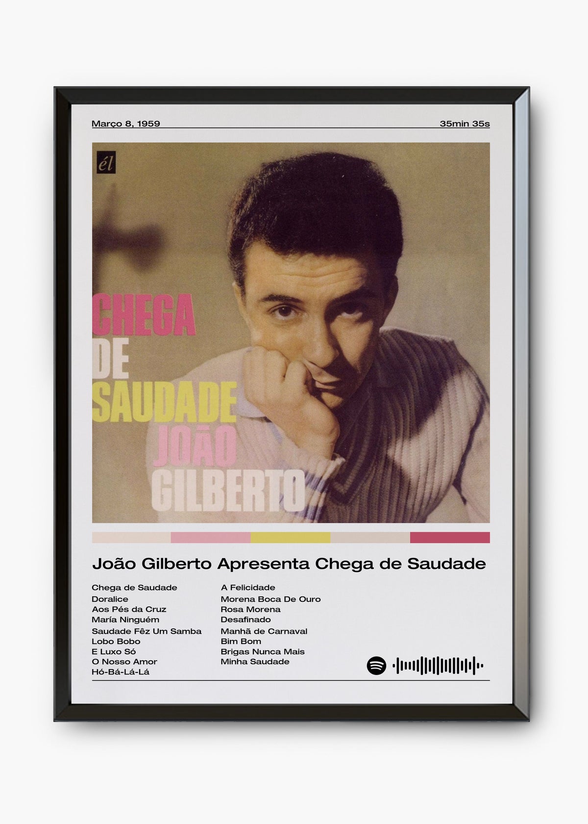 Quadro decorativo João Gilberto Chega de Saudade — arte de bossa nova para parede | Cübe Quadros