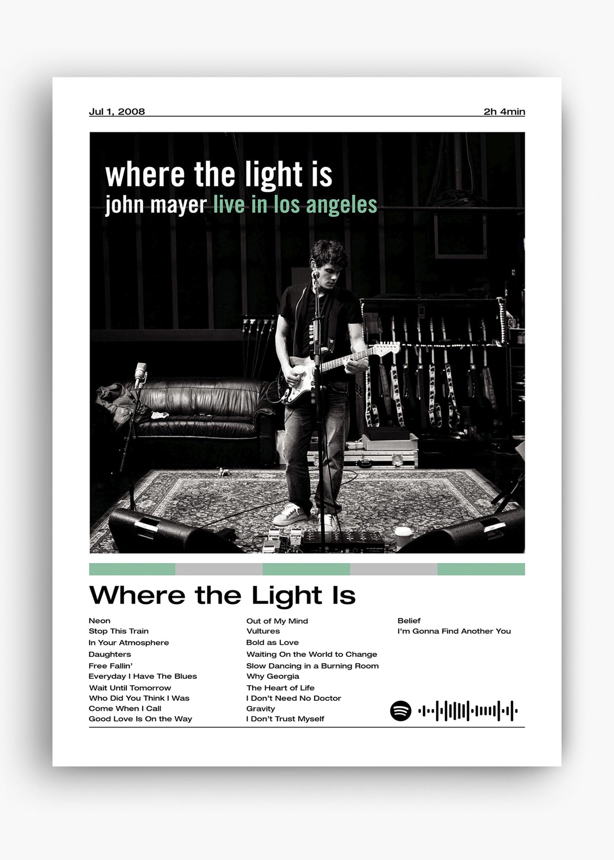 Quadro decorativo John Mayer Where the Light Is — arte musical para parede | Cübe Quadros