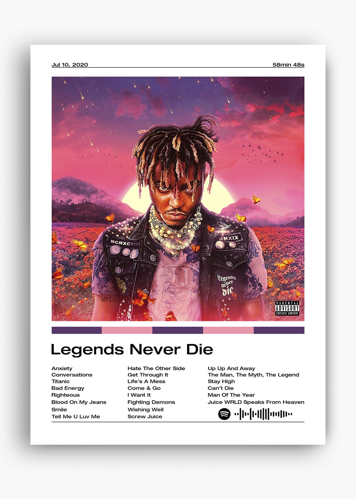 Quadro decorativo Juice WRLD Legends Never Die — arte musical para parede | Cübe Quadros