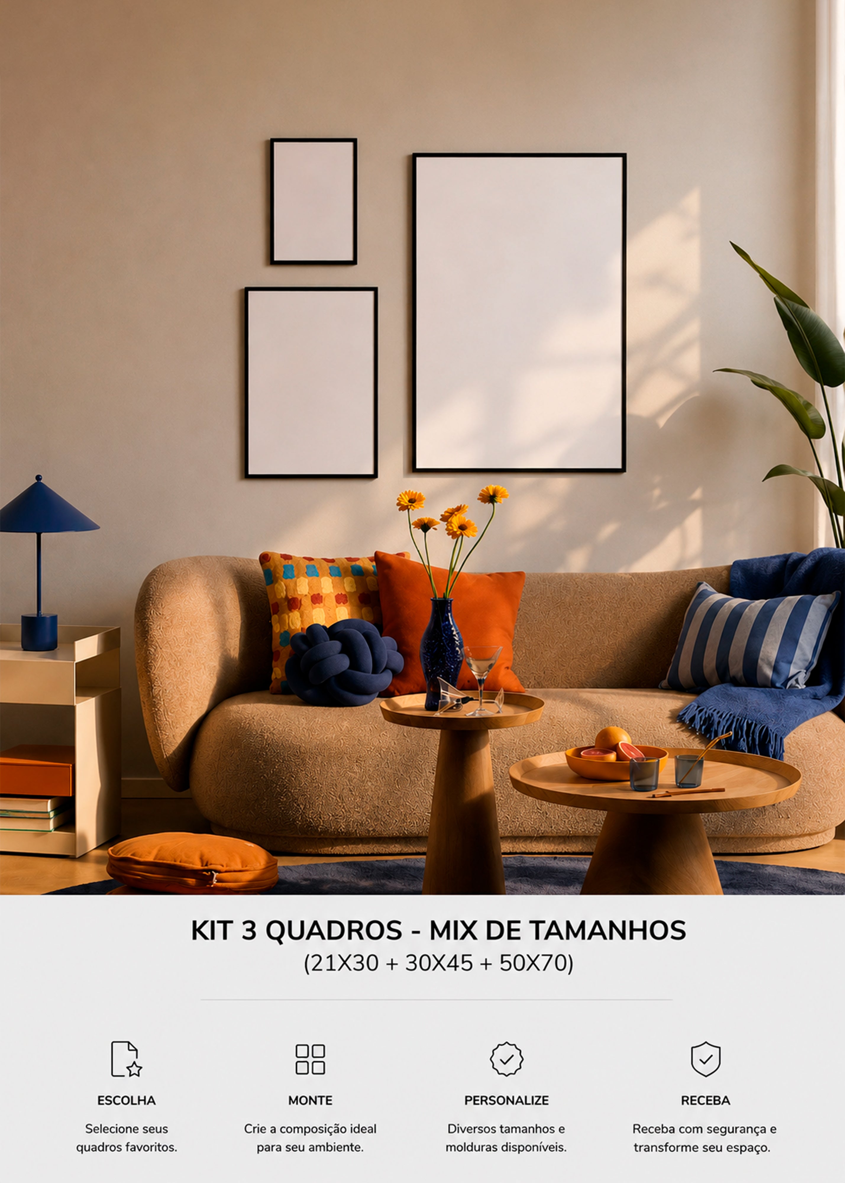 KIT 3 Quadros - Mix de Tamanhos (21x30 + 30x45 + 50x70)